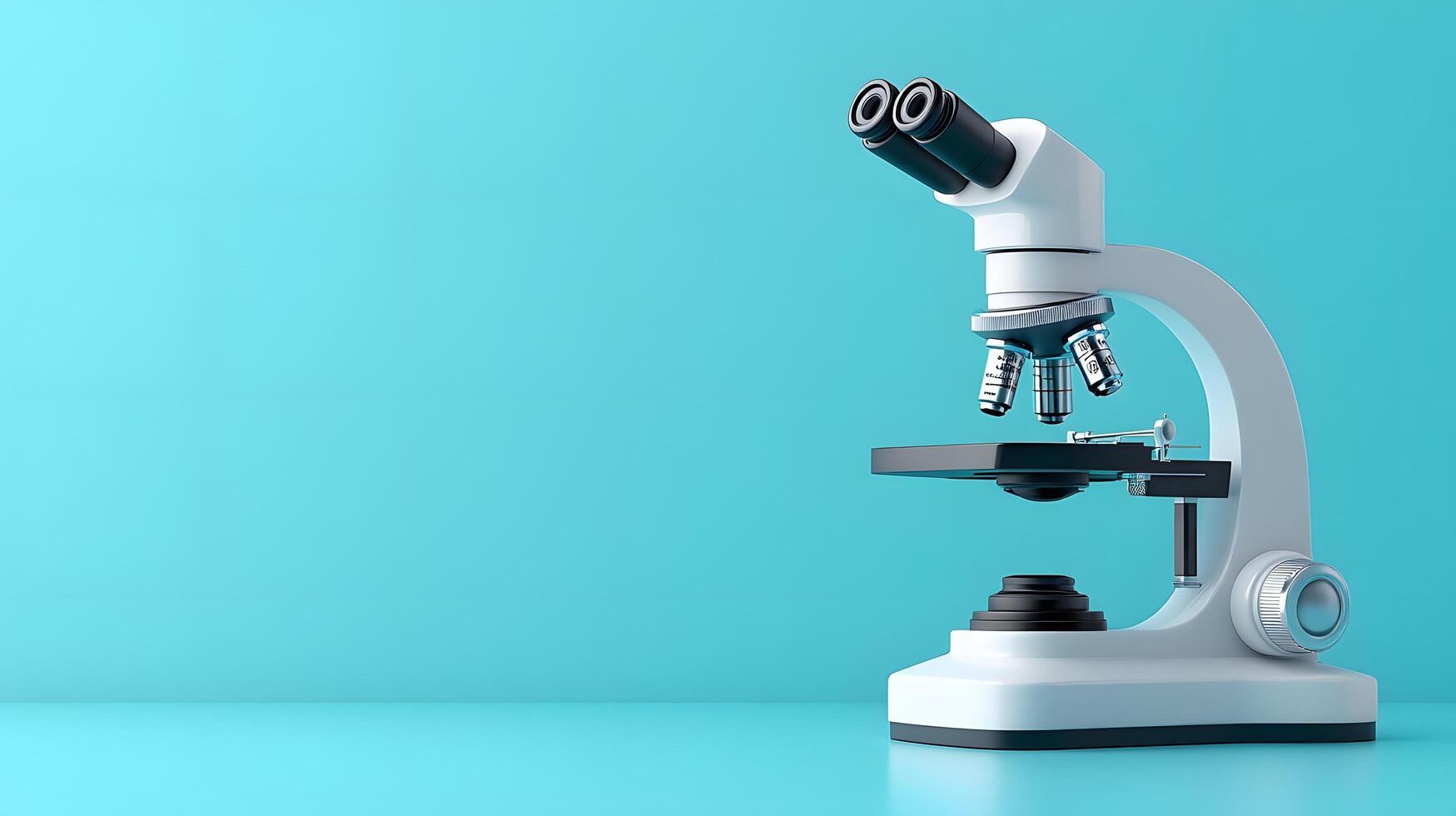 Minimalist white microscope illustration rendered in cartoon style. Simple design features turquoise accents, creating professional yet approachable scientific equipment representation. turquo photo