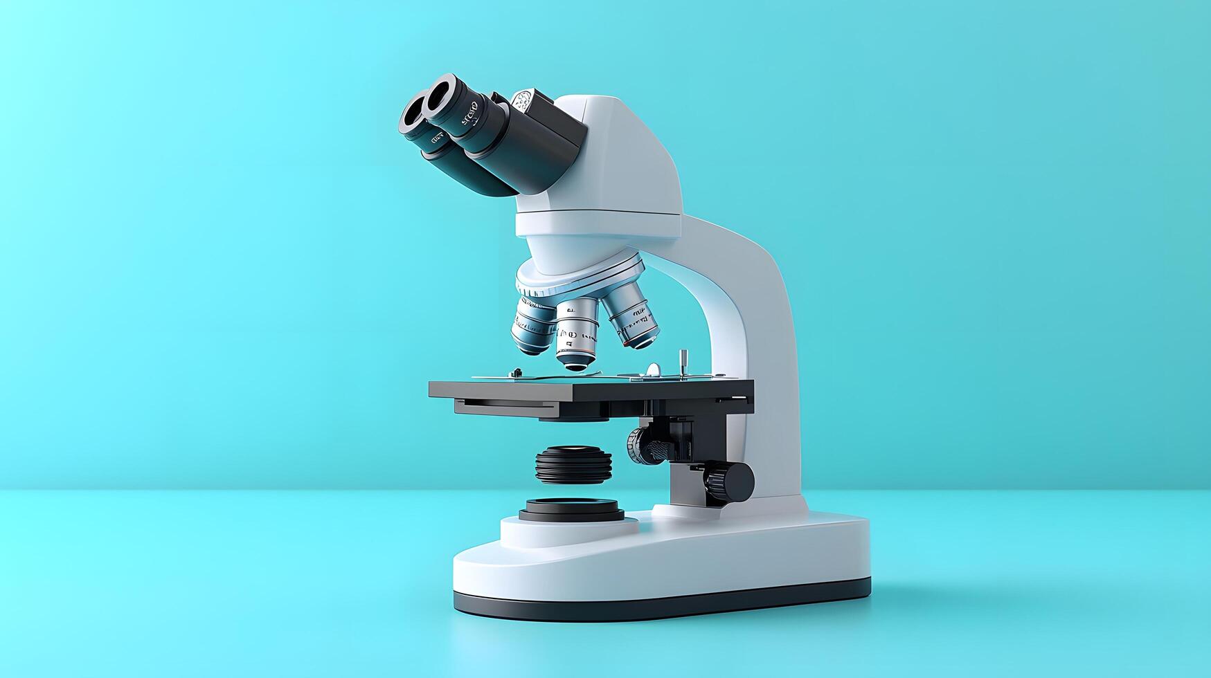 Minimalist white microscope illustration rendered in cartoon style. Simple design features turquoise accents, creating professional yet approachable scientific equipment representation. modern photo