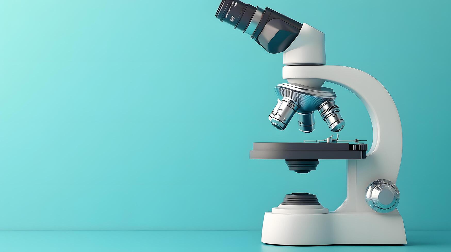 Minimalist white microscope illustration rendered in cartoon style. Simple design features turquoise accents, creating professional yet approachable scientific equipment representation. styliz photo