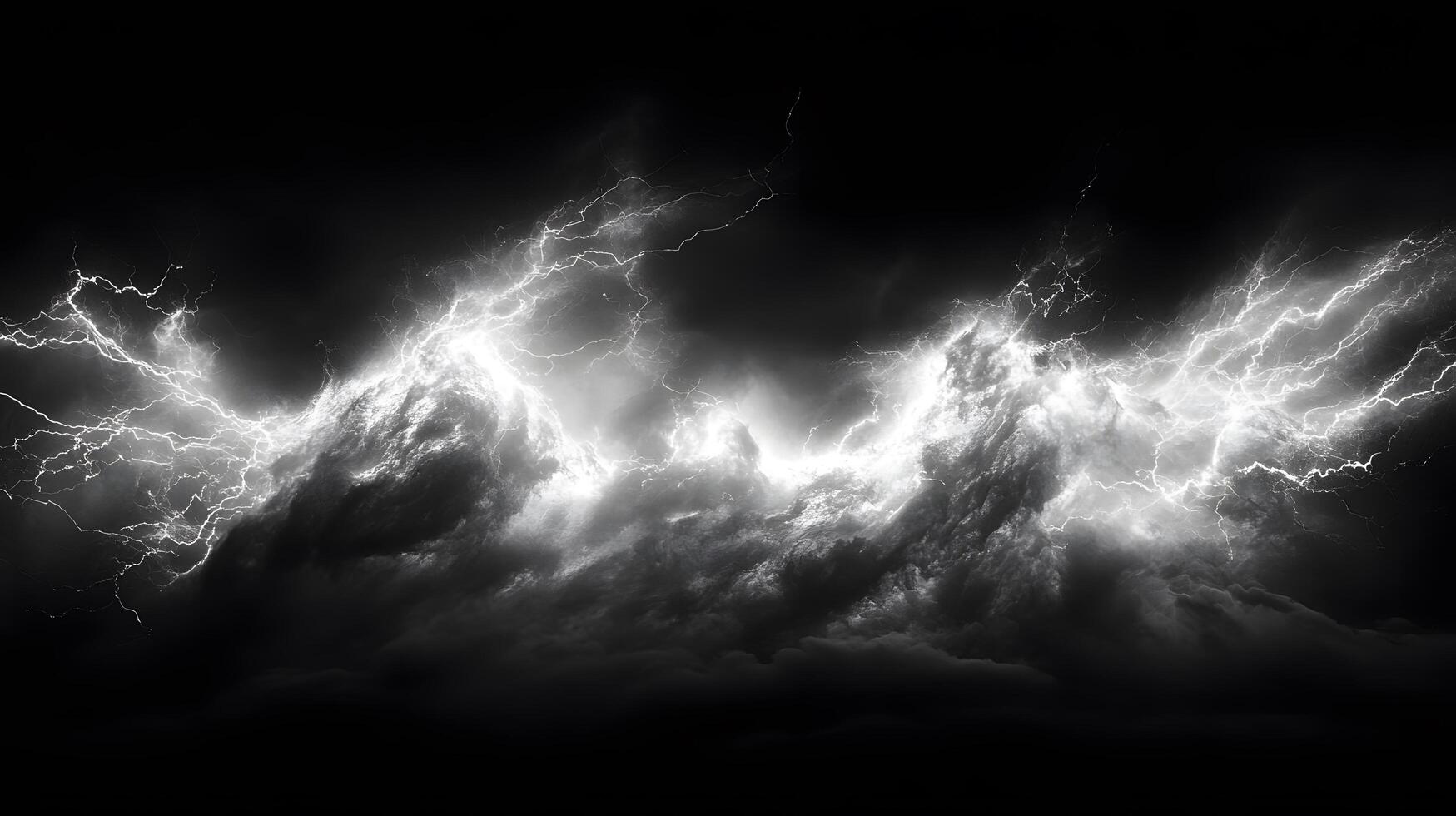Powerful lightning strikes illuminate dark storm clouds, creating dramatic branching patterns across the night sky. Natural electrical discharge glows intensely in panoramic view branch photo