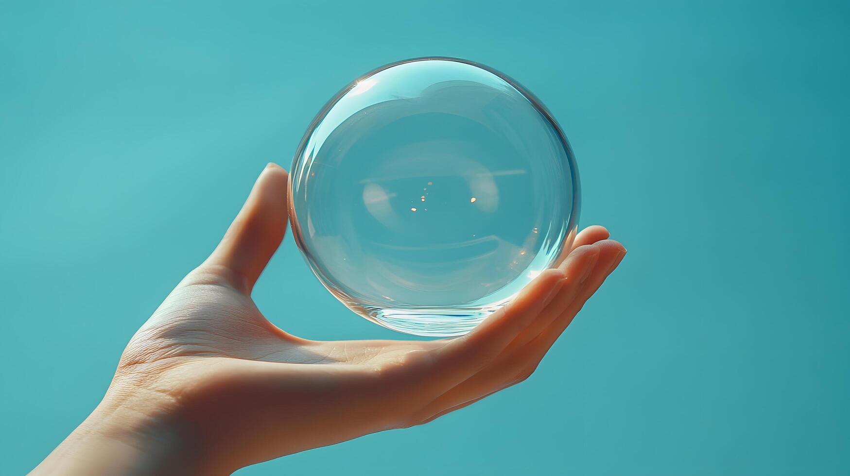 Minimalist photograph shows hand holding transparent glass light bulb against soft blue background. Clean composition symbolizes innovation with gentle studio lighting effects. glass photo