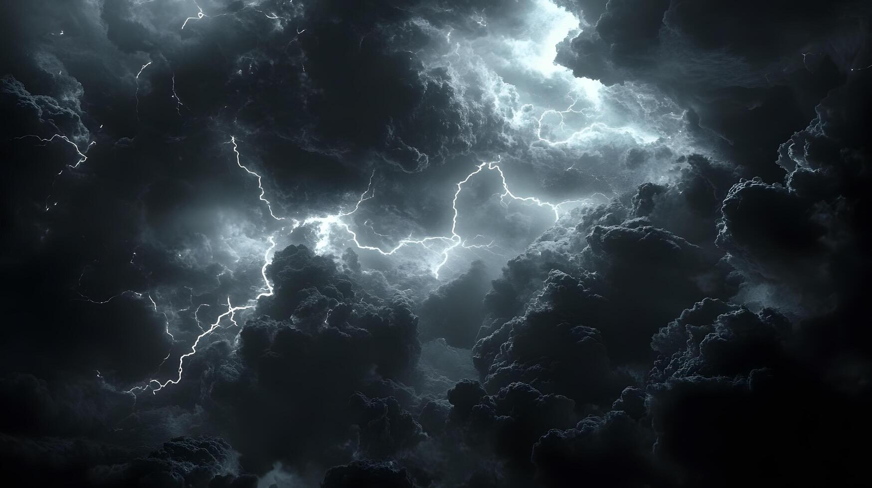 Powerful lightning strikes illuminate dark storm clouds, creating dramatic branching patterns across the night sky. Natural electrical discharge glows intensely in panoramic view flash photo