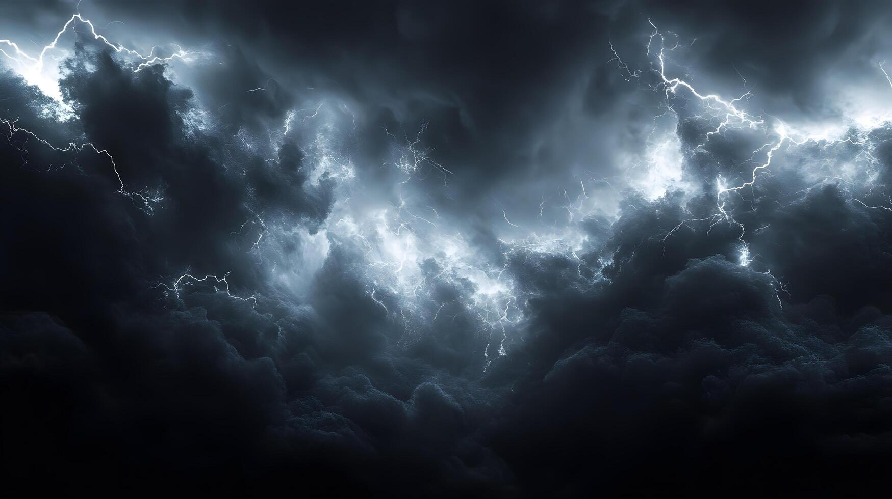 Powerful lightning strikes illuminate dark storm clouds, creating dramatic branching patterns across the night sky. Natural electrical discharge glows intensely in panoramic view electricity photo