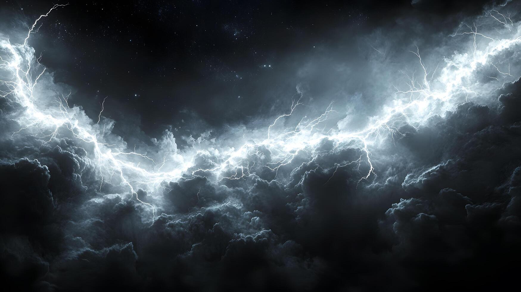 Powerful lightning strikes illuminate dark storm clouds, creating dramatic branching patterns across the night sky. Natural electrical discharge glows intensely in panoramic view bolt photo