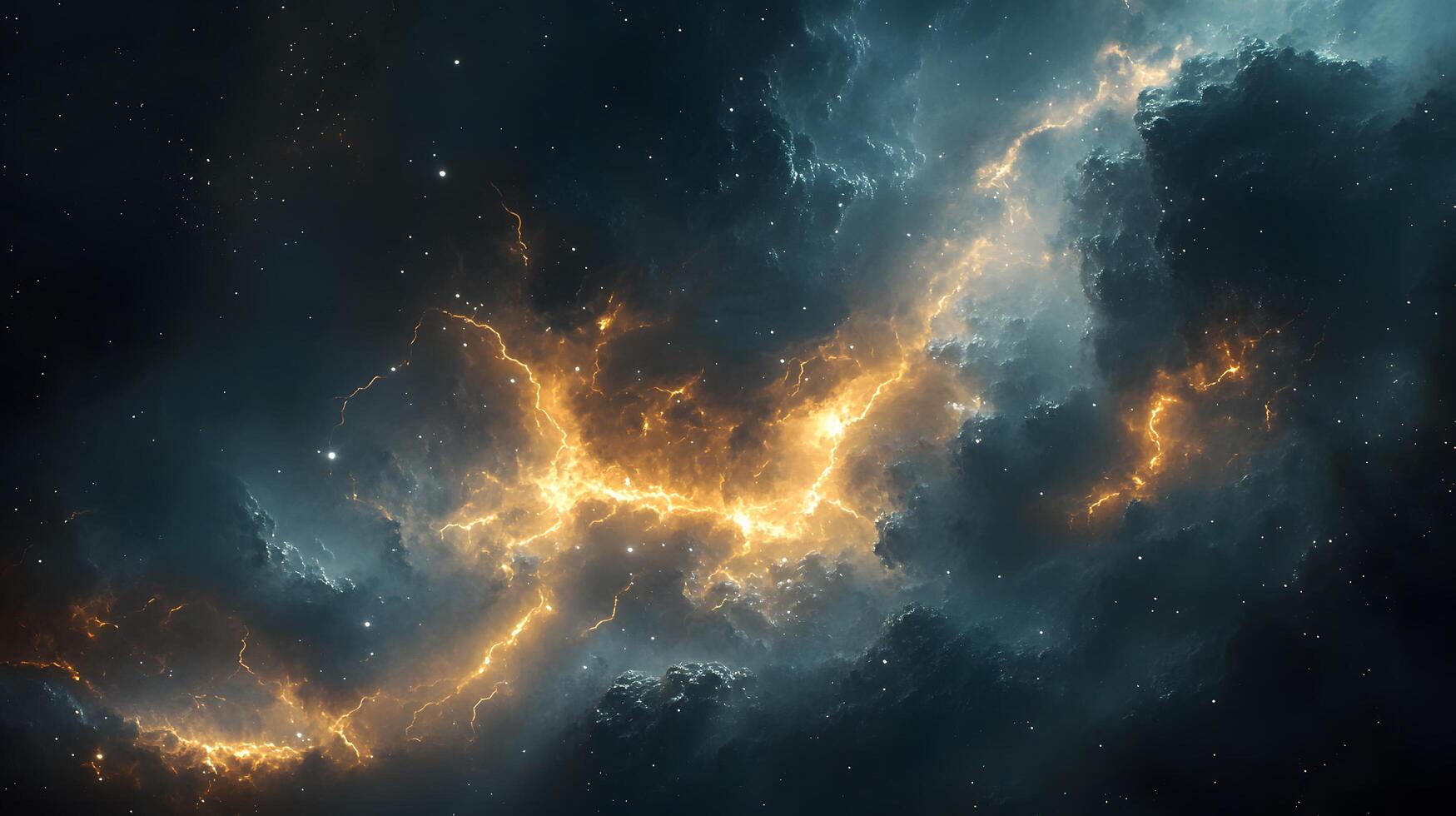 Powerful lightning strikes illuminate dark storm clouds, creating dramatic branching patterns across the night sky. Natural electrical discharge glows intensely in panoramic view cloud photo