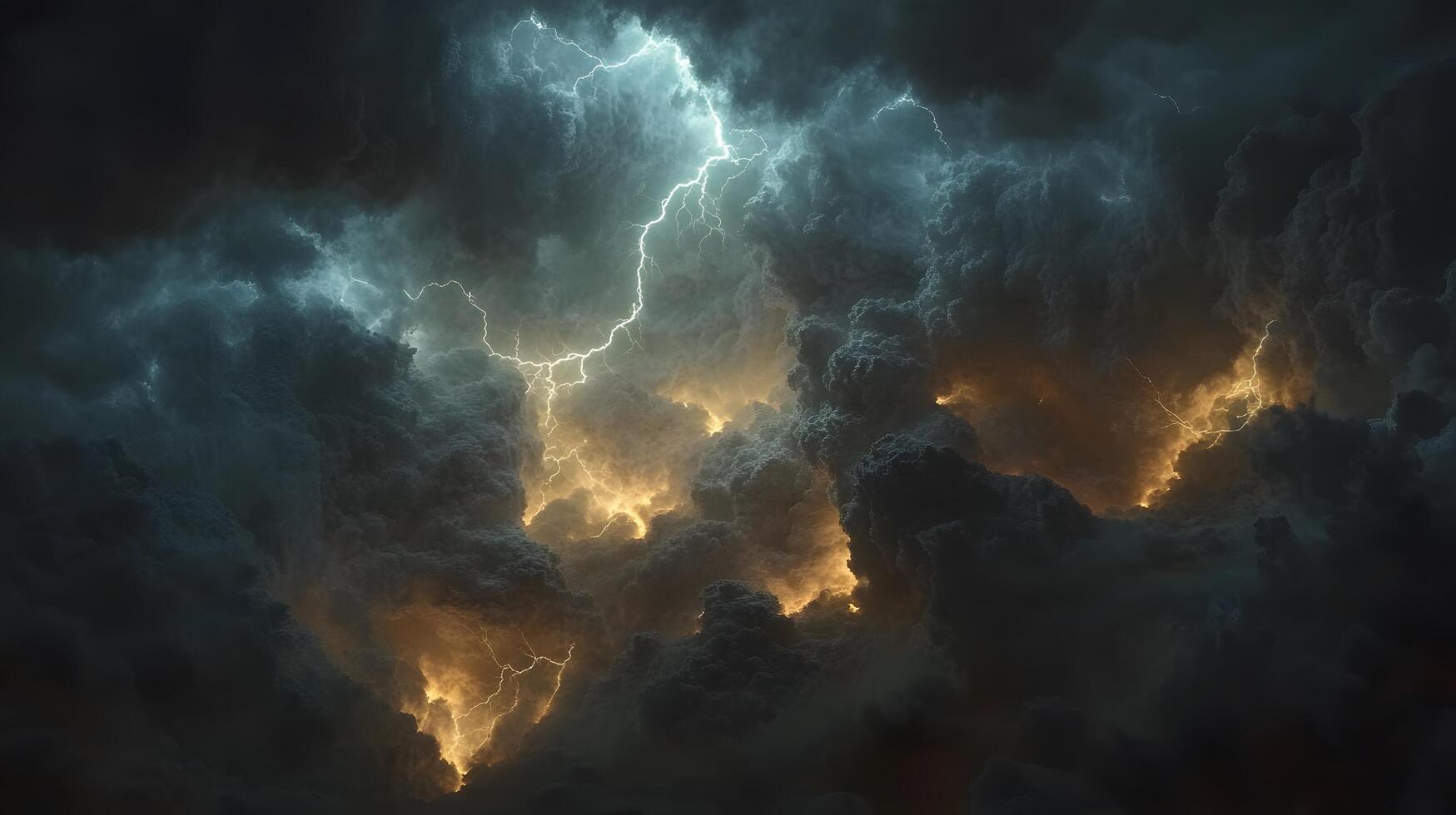 Powerful lightning strikes illuminate dark storm clouds, creating dramatic branching patterns across the night sky. Natural electrical discharge glows intensely in panoramic view dark photo