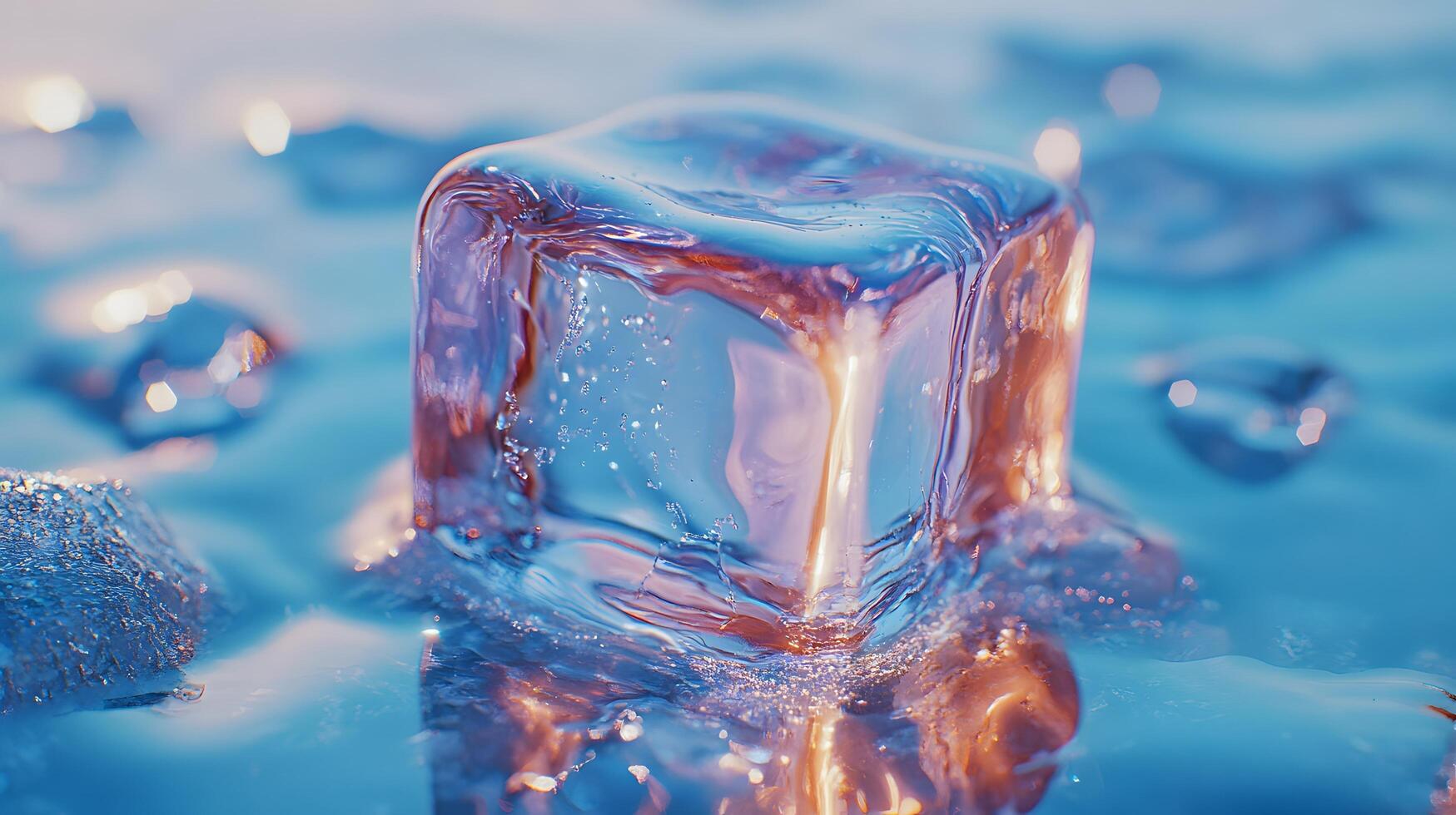 Transparent ice cube melts against light blue backdrop, showcasing crystal clarity and water droplets. High-key studio lighting reveals pure reflections and smooth textures in minimalist setup. pure photo