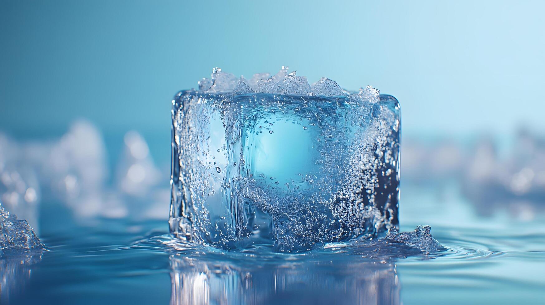 Transparent ice cube melts against light blue backdrop, showcasing crystal clarity and water droplets. High-key studio lighting reveals pure reflections and smooth textures in minimalist setup. clari photo