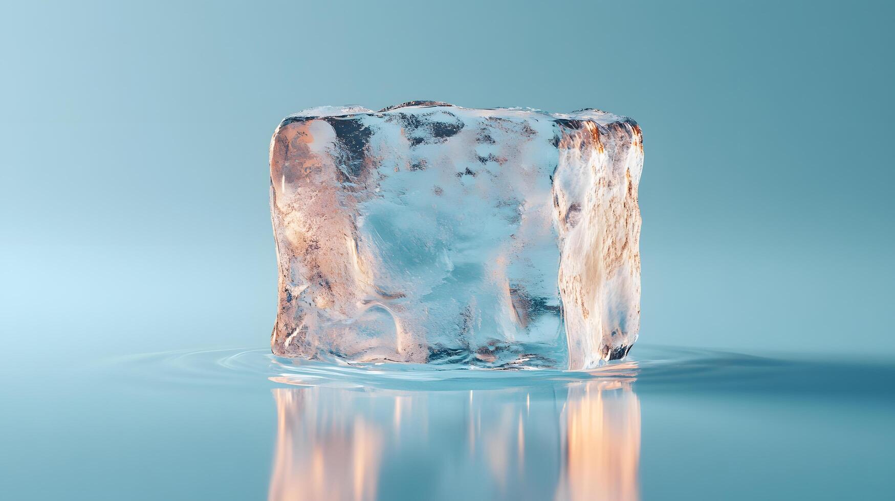 Transparent ice cube melts against light blue backdrop, showcasing crystal clarity and water droplets. High-key studio lighting reveals pure reflections and smooth textures in minimalist setup. refle photo