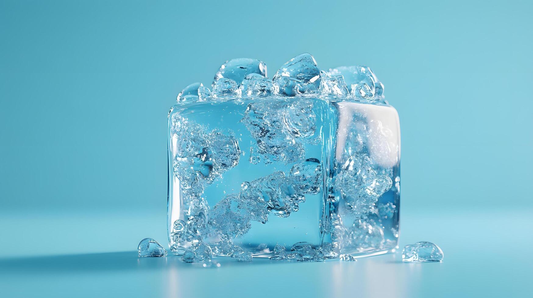 Transparent ice cube melts against light blue backdrop, showcasing crystal clarity and water droplets. High-key studio lighting reveals pure reflections and smooth textures in minimalist setup. smoot photo