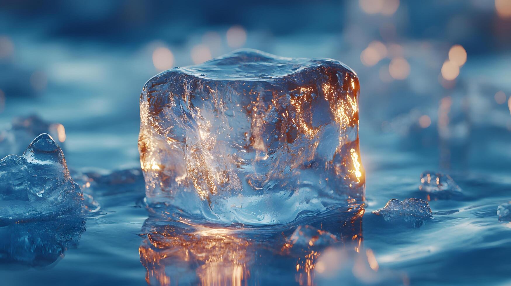 Transparent ice cube melts against light blue backdrop, showcasing crystal clarity and water droplets. High-key studio lighting reveals pure reflections and smooth textures in minimalist setup. textu photo