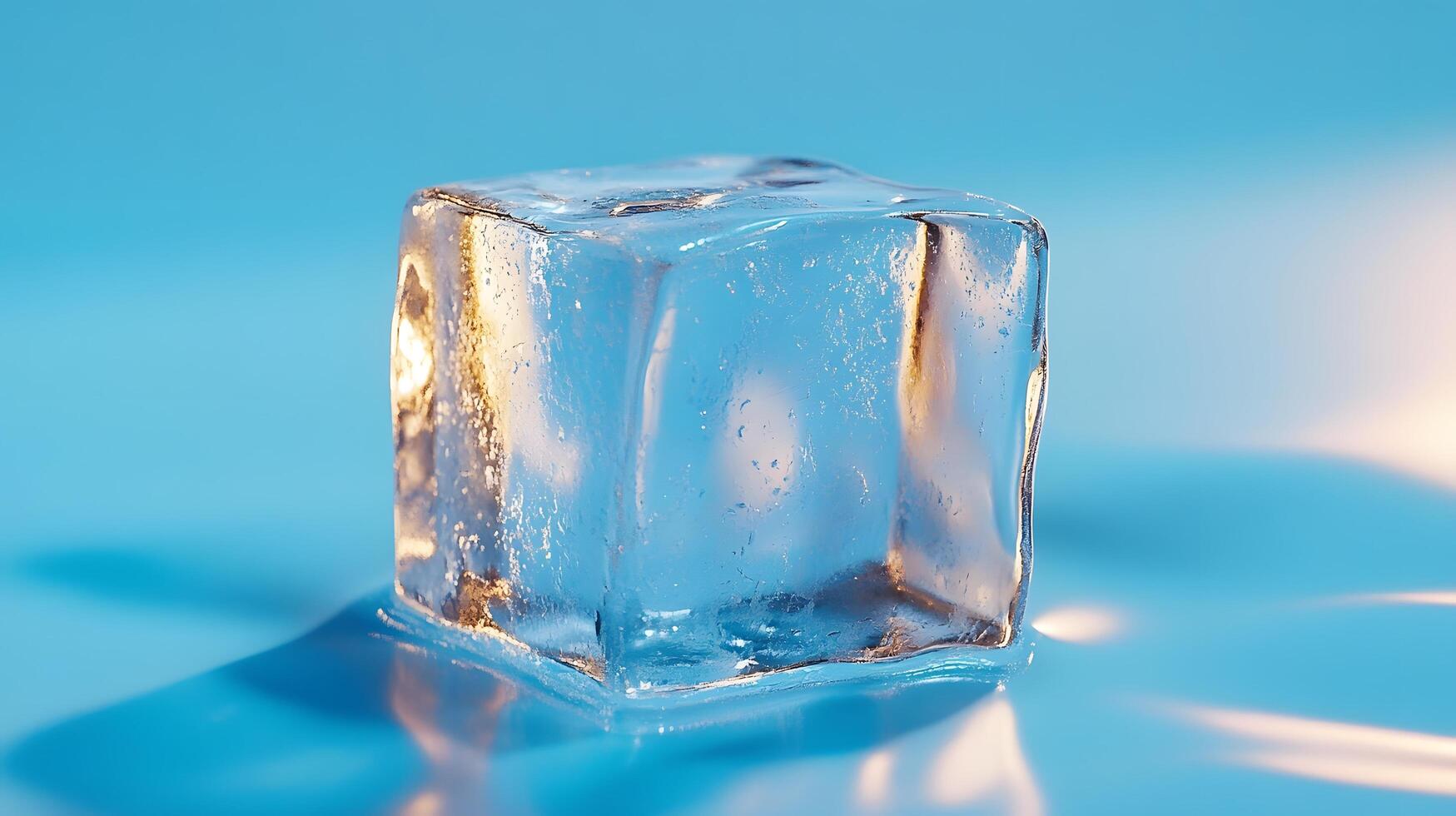 Transparent ice cube melts against light blue backdrop, showcasing crystal clarity and water droplets. High-key studio lighting reveals pure reflections and smooth textures in minimalist setup. minim photo