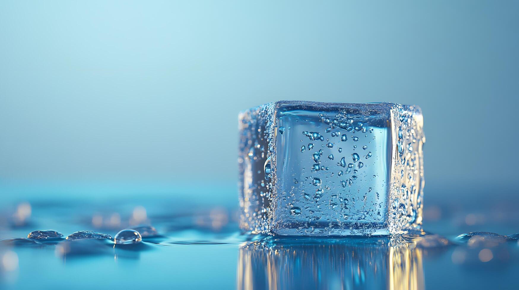 Transparent ice cube melts against light blue backdrop, showcasing crystal clarity and water droplets. High-key studio lighting reveals pure reflections and smooth textures in minimalist setup. liqui photo