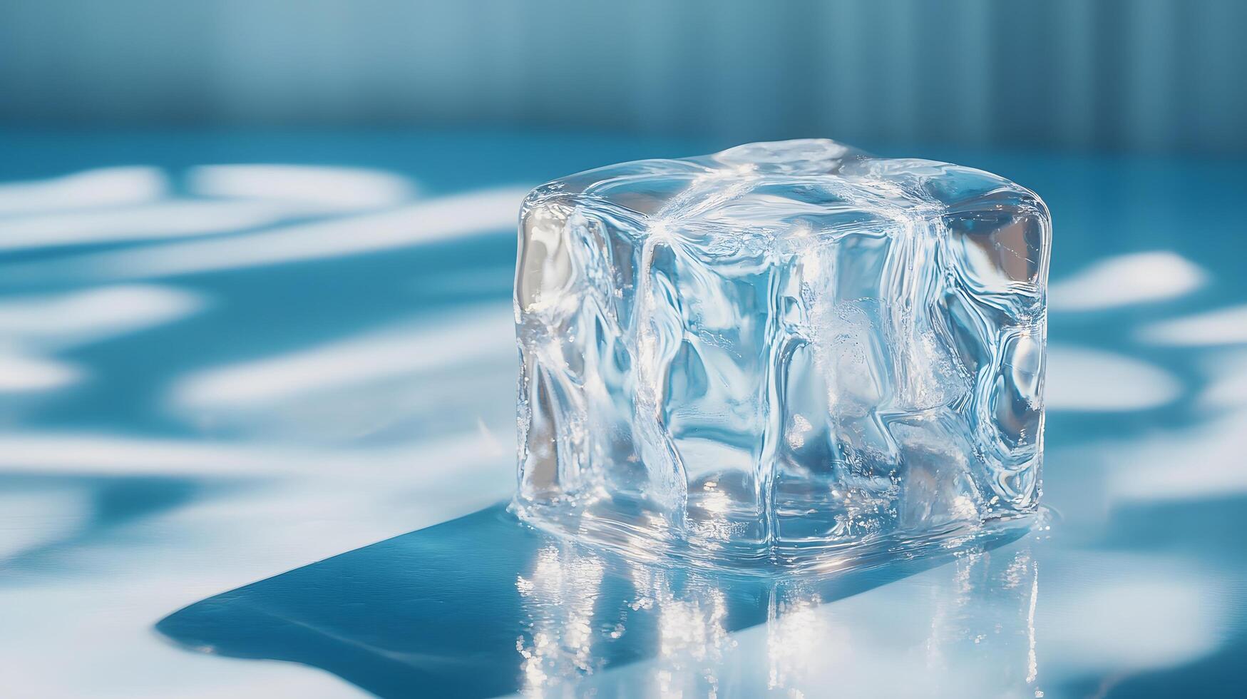 Transparent ice cube melts against light blue backdrop, showcasing crystal clarity and water droplets. High-key studio lighting reveals pure reflections and smooth textures in minimalist setup. clean photo