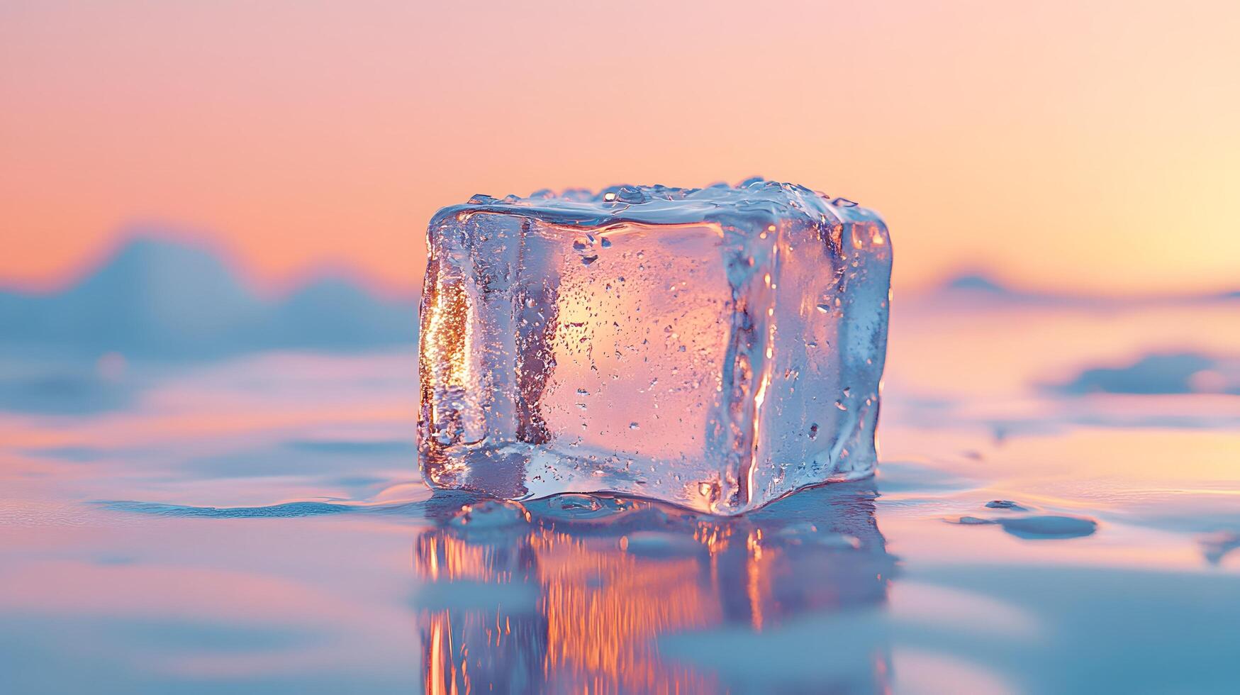 Transparent ice cube melts against light blue backdrop, showcasing crystal clarity and water droplets. High-key studio lighting reveals pure reflections and smooth textures in minimalist setup. froze photo