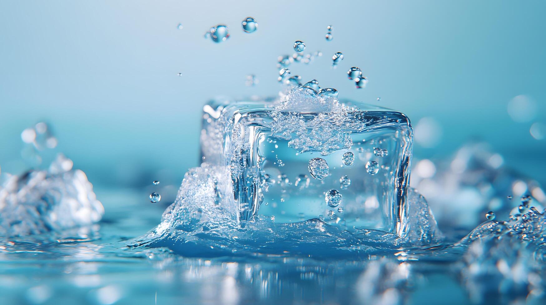 Transparent ice cube melts against light blue backdrop, showcasing crystal clarity and water droplets. High-key studio lighting reveals pure reflections and smooth textures in minimalist setup. cold photo