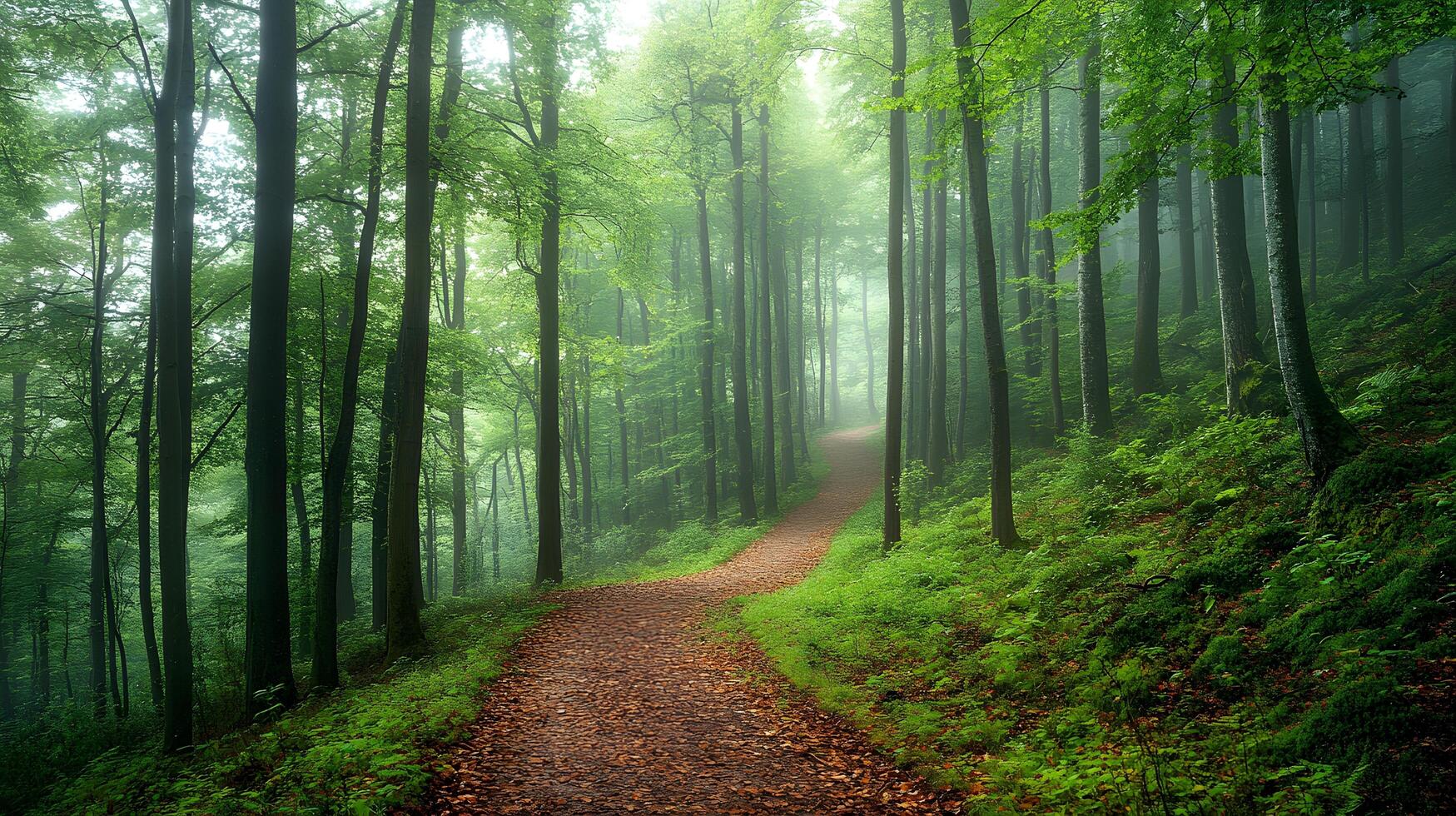 Mysterious forest scene shows tall pine trees shrouded in morning mist. Ethereal light filters through fog-covered woodland, creating moody atmosphere along forest path with fallen leaves. panoramic photo