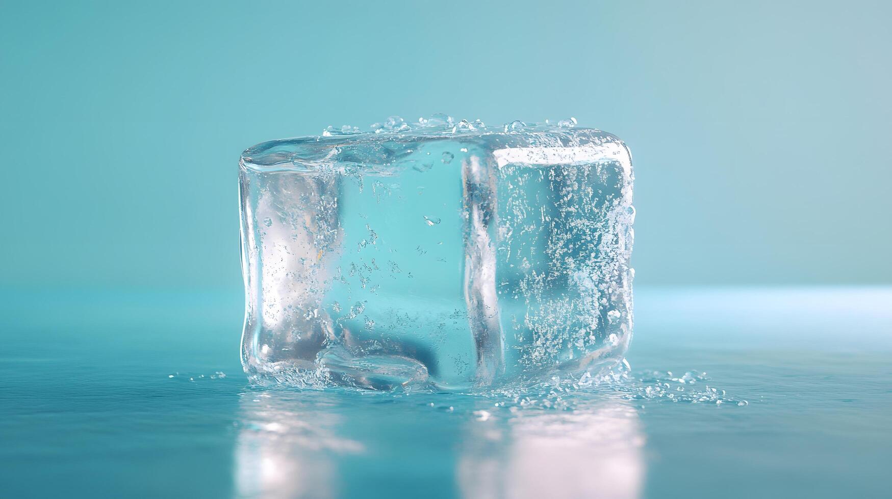 Transparent ice cube melts against light blue backdrop, showcasing crystal clarity and water droplets. High-key studio lighting reveals pure reflections and smooth textures in minimalist setup. cryst photo