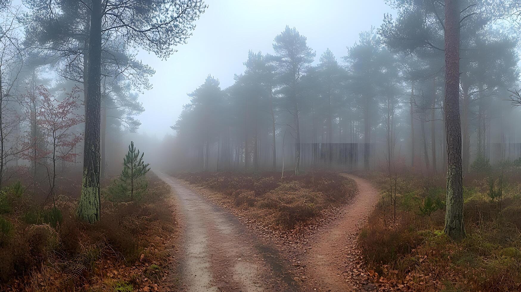 Mysterious forest scene shows tall pine trees shrouded in morning mist. Ethereal light filters through fog-covered woodland, creating moody atmosphere along forest path with fallen leaves. mysterious photo