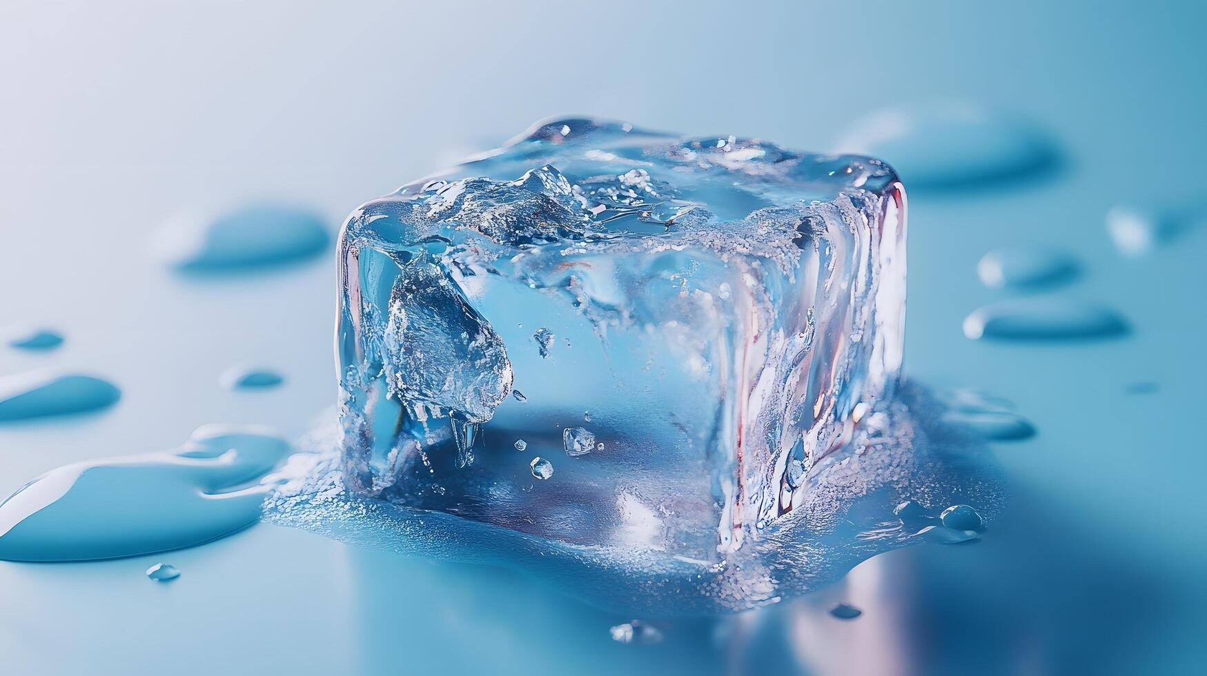 Transparent ice cube melts against light blue backdrop, showcasing crystal clarity and water droplets. High-key studio lighting reveals pure reflections and smooth textures in minimalist setup. cool photo