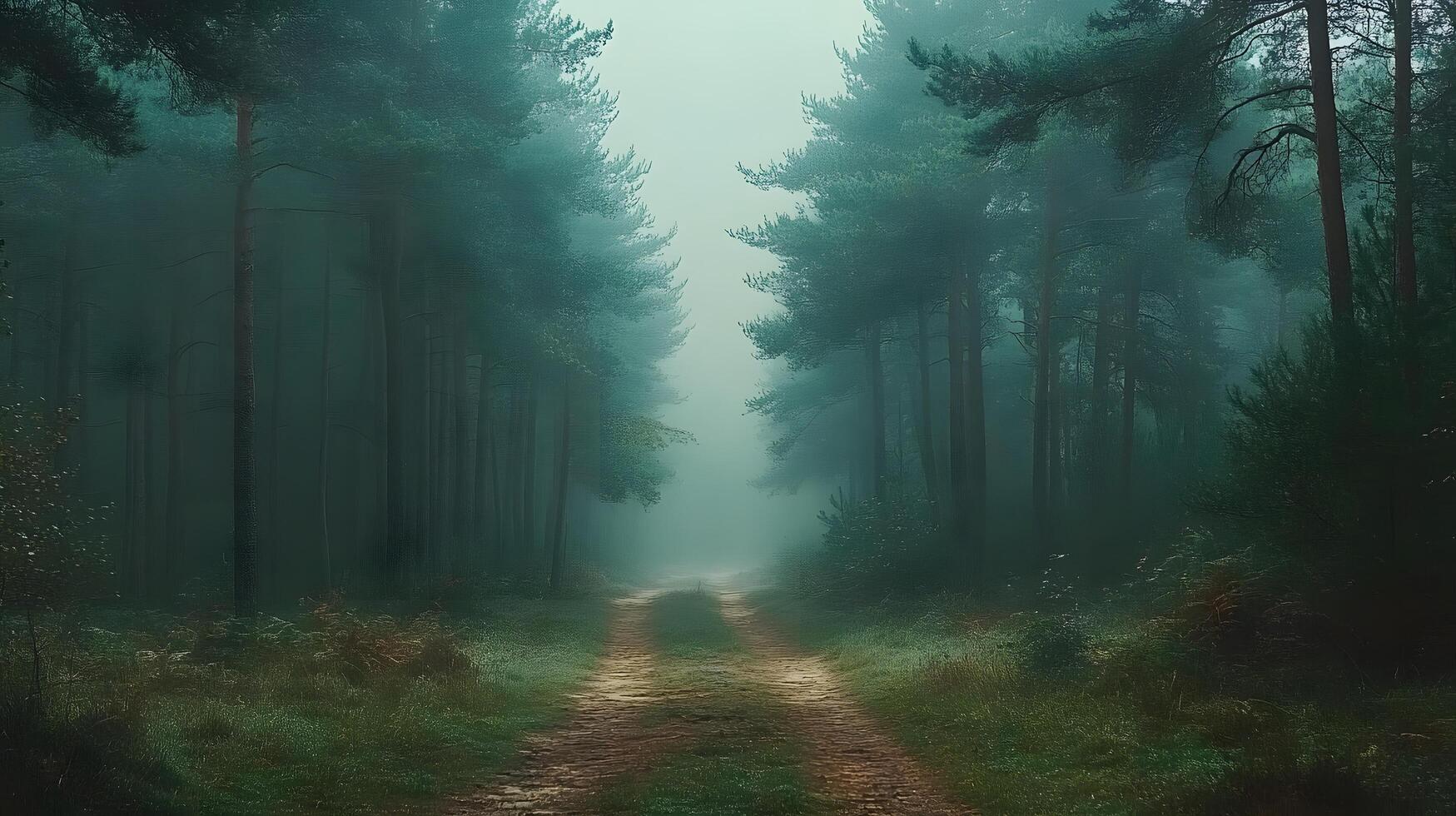 Mysterious forest scene shows tall pine trees shrouded in morning mist. Ethereal light filters through fog-covered woodland, creating moody atmosphere along forest path with fallen leaves. fog photo