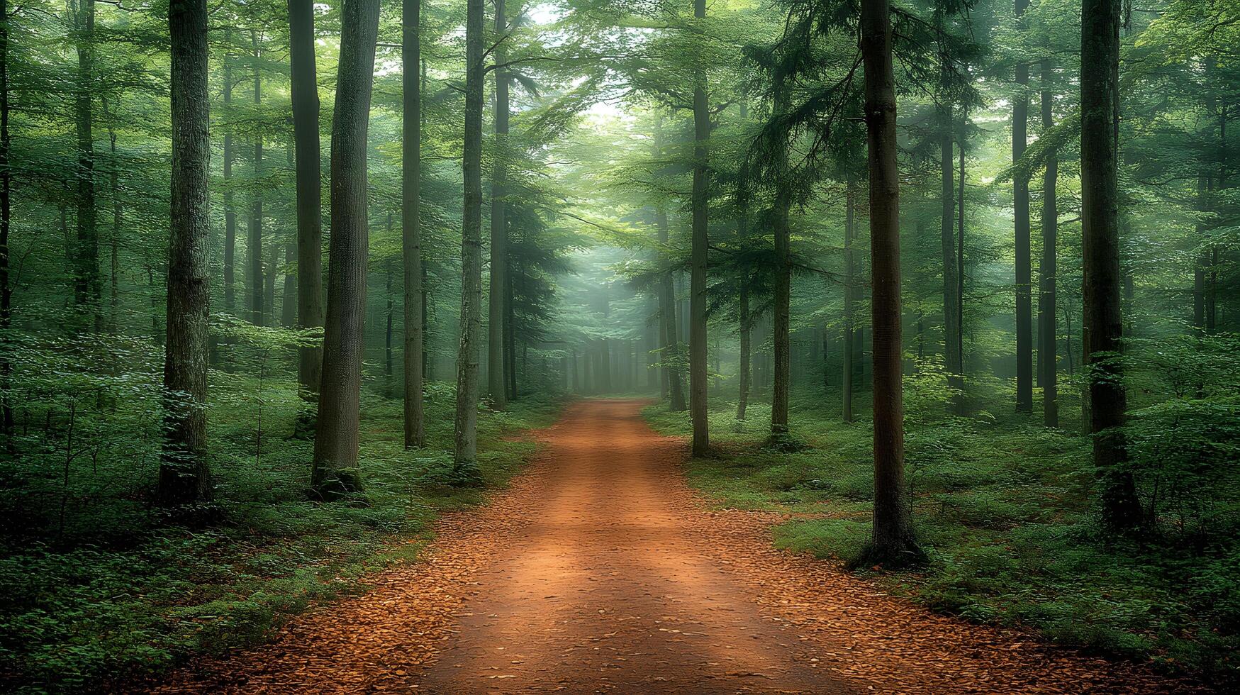 Mysterious forest scene shows tall pine trees shrouded in morning mist. Ethereal light filters through fog-covered woodland, creating moody atmosphere along forest path with fallen leaves. pine photo