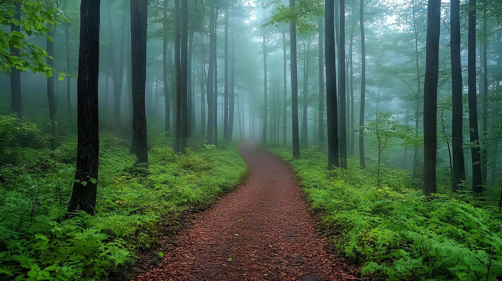 Mysterious forest scene shows tall pine trees shrouded in morning mist. Ethereal light filters through fog-covered woodland, creating moody atmosphere along forest path with fallen leaves. morning photo