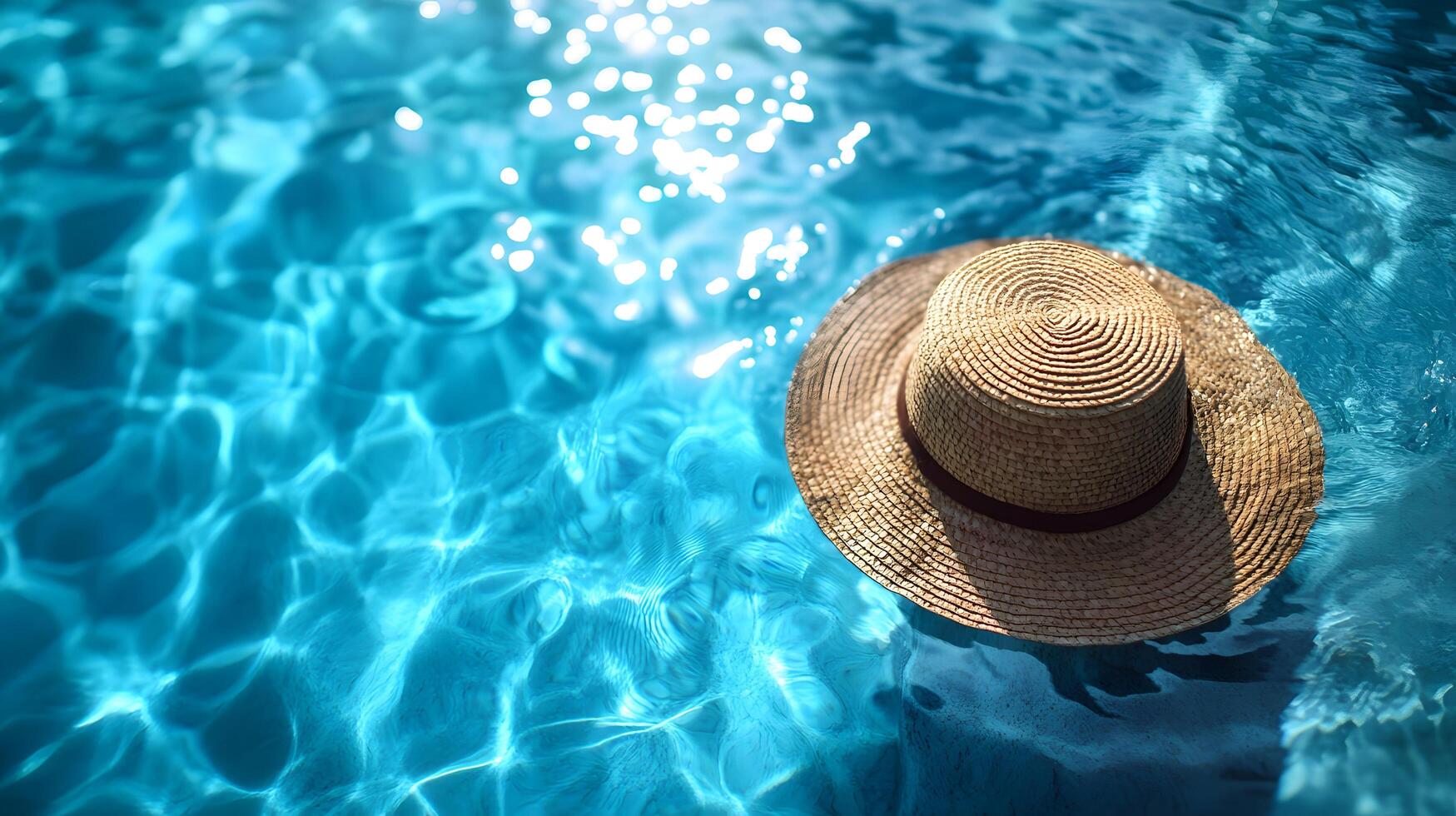 Luxurious swimming pool scene features turquoise water with rippling reflections. Straw sun hat and palm leaf accent summer vacation atmosphere in bright sunlit resort setting. leisure photo