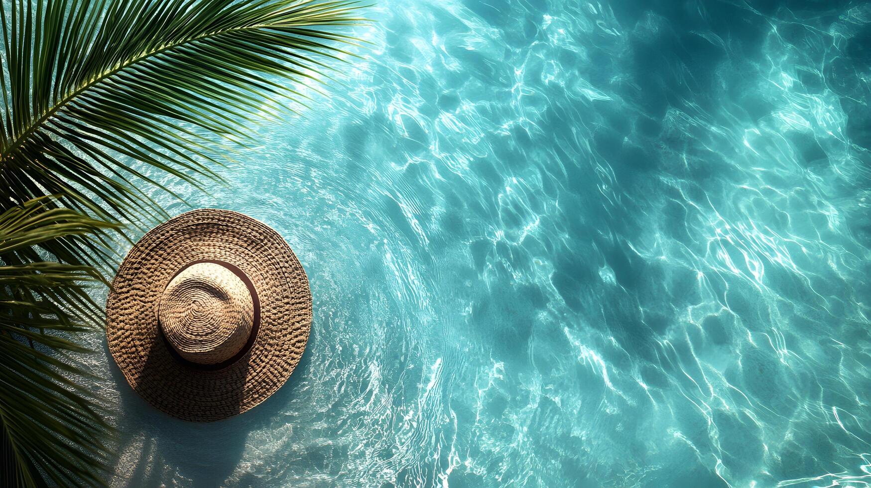 Luxurious swimming pool scene features turquoise water with rippling reflections. Straw sun hat and palm leaf accent summer vacation atmosphere in bright sunlit resort setting. exotic photo