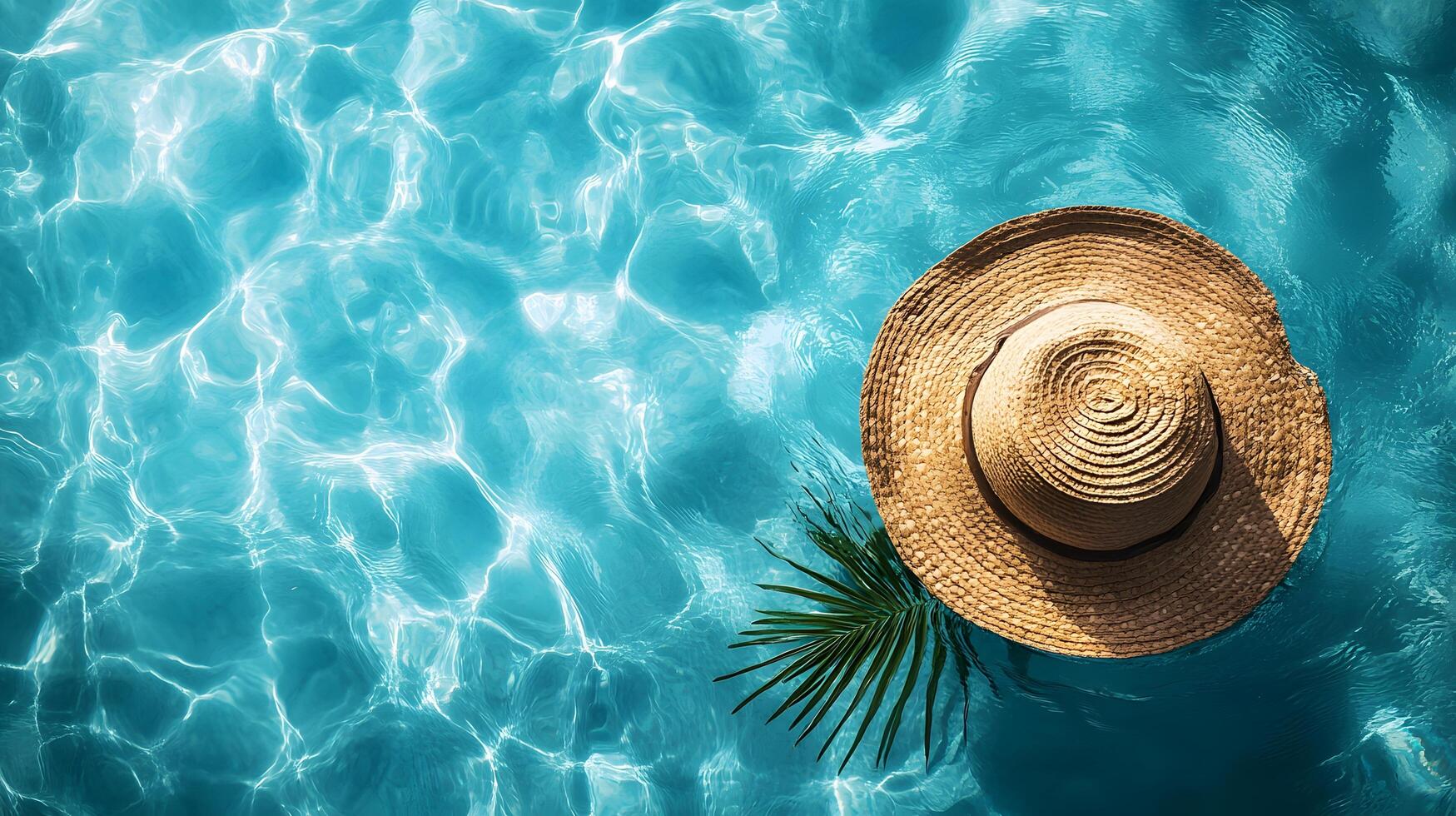 Luxurious swimming pool scene features turquoise water with rippling reflections. Straw sun hat and palm leaf accent summer vacation atmosphere in bright sunlit resort setting. tropical photo
