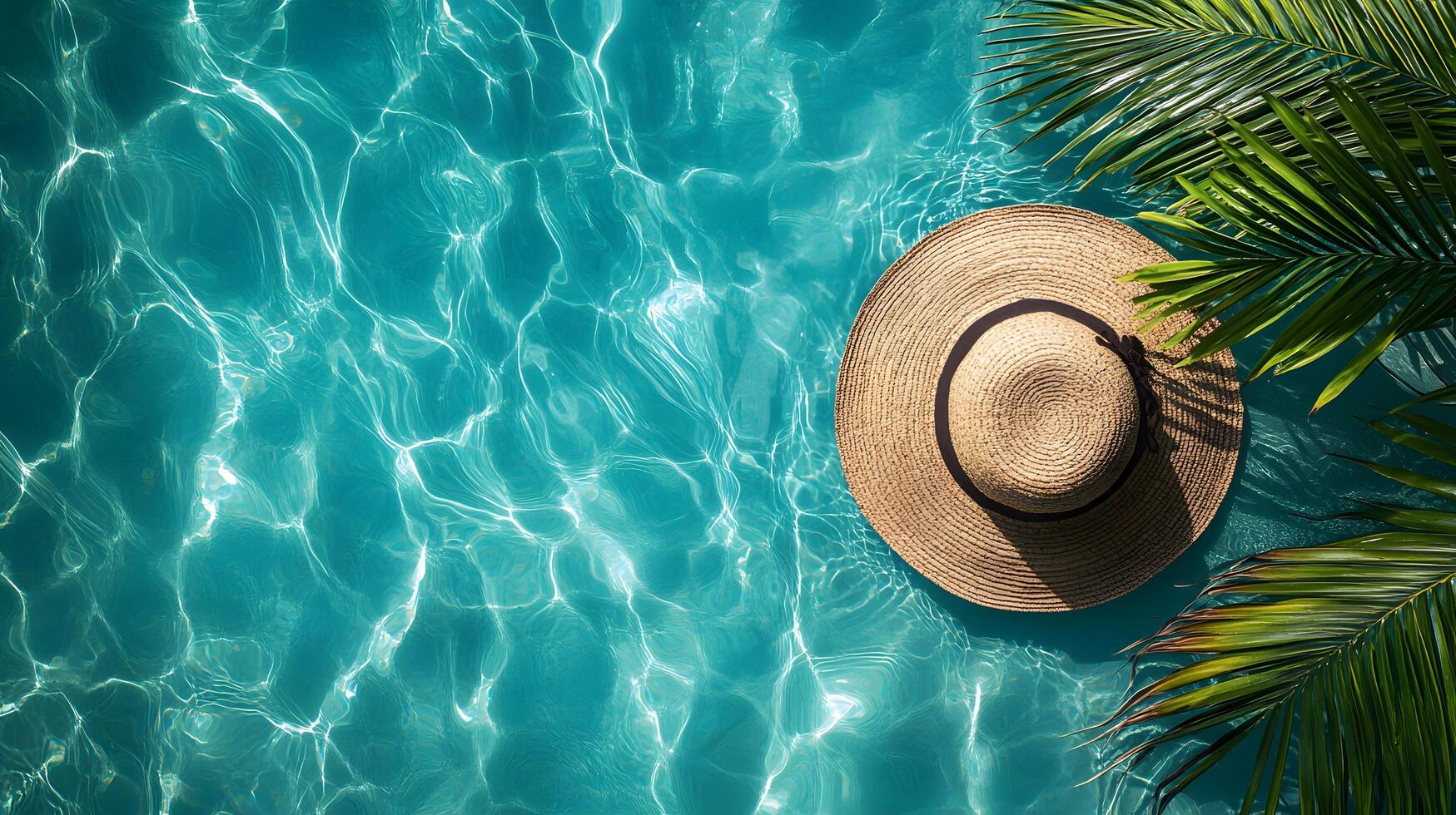 Luxurious swimming pool scene features turquoise water with rippling reflections. Straw sun hat and palm leaf accent summer vacation atmosphere in bright sunlit resort setting. paradise photo