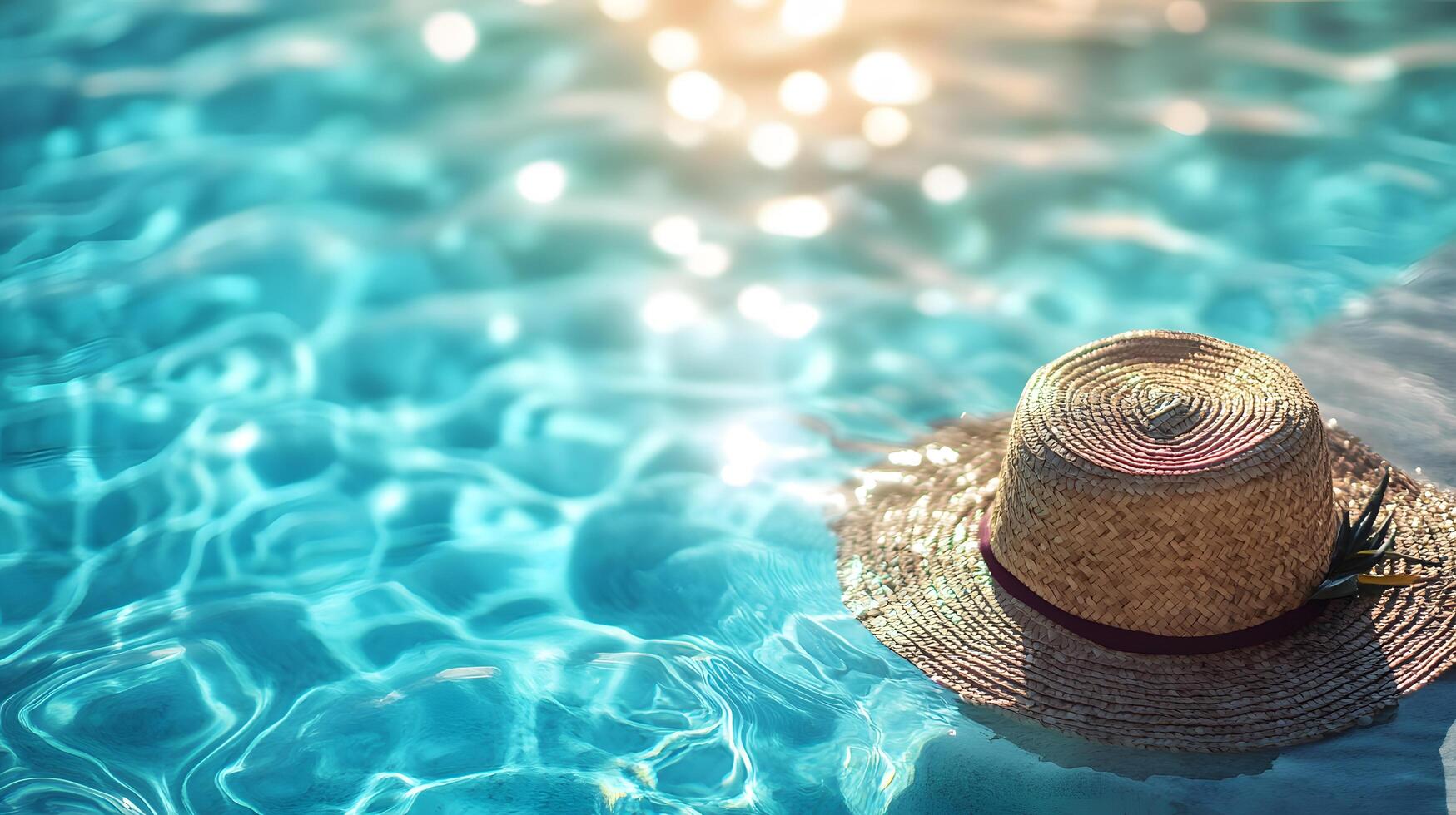 Luxurious swimming pool scene features turquoise water with rippling reflections. Straw sun hat and palm leaf accent summer vacation atmosphere in bright sunlit resort setting. wave photo