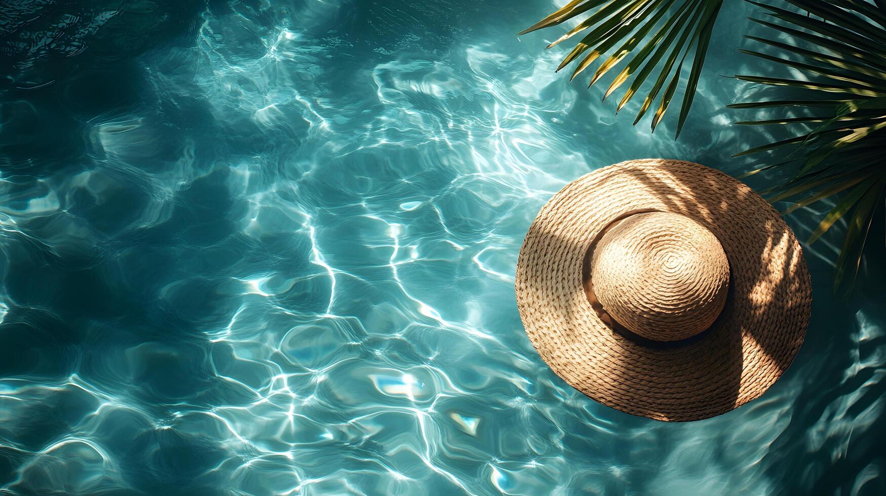 Luxurious swimming pool scene features turquoise water with rippling reflections. Straw sun hat and palm leaf accent summer vacation atmosphere in bright sunlit resort setting. turquoise photo