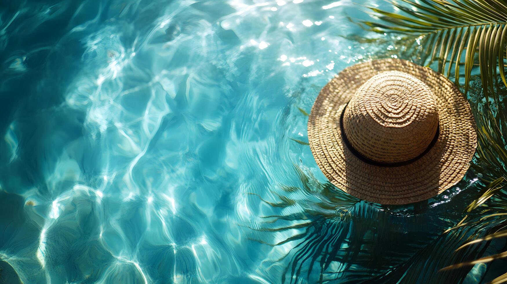 Luxurious swimming pool scene features turquoise water with rippling reflections. Straw sun hat and palm leaf accent summer vacation atmosphere in bright sunlit resort setting. water photo