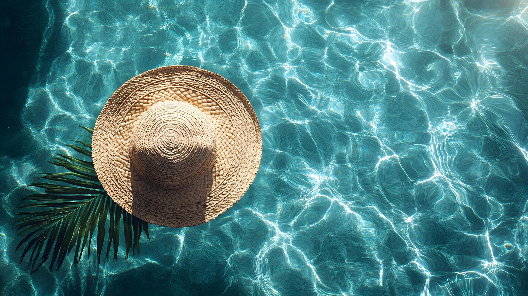 Luxurious swimming pool scene features turquoise water with rippling reflections. Straw sun hat and palm leaf accent summer vacation atmosphere in bright sunlit resort setting. hat photo