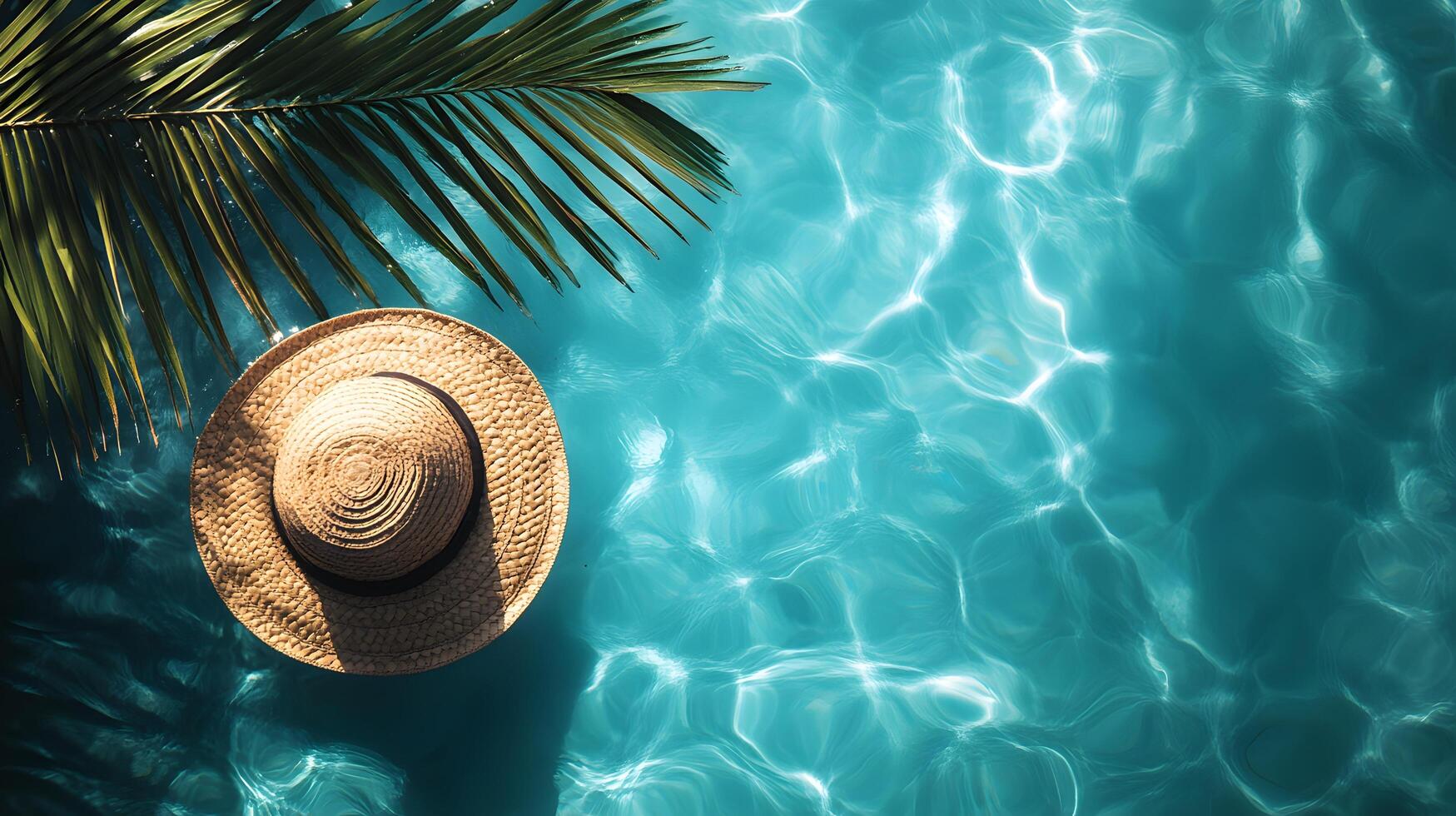 Luxurious swimming pool scene features turquoise water with rippling reflections. Straw sun hat and palm leaf accent summer vacation atmosphere in bright sunlit resort setting. sun photo
