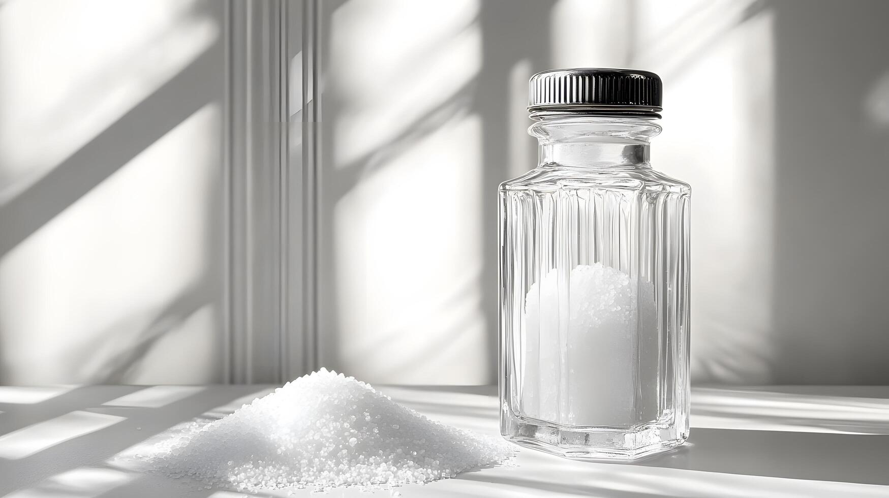Traditional glass salt shaker displays white crystals through clear container. Metal cap with holes tops minimalist design, captured with soft window lighting and gentle shadows. cap photo