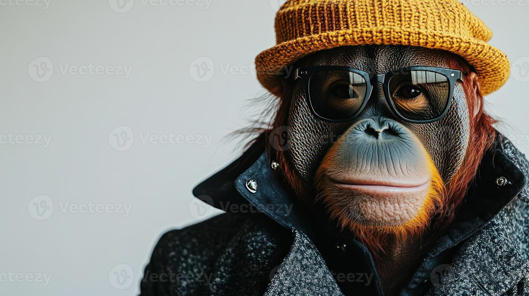 An orangutan dressed in fashionable attire showcases a unique style indoors photo