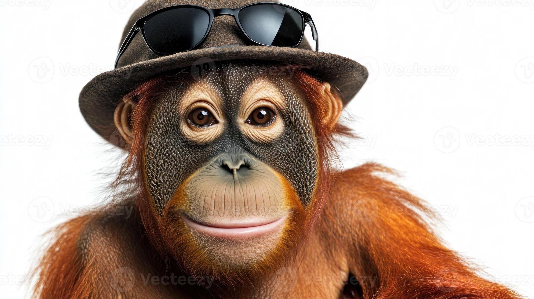 An orangutan wearing a hat and sunglasses gazes playfully with a cheerful expression photo