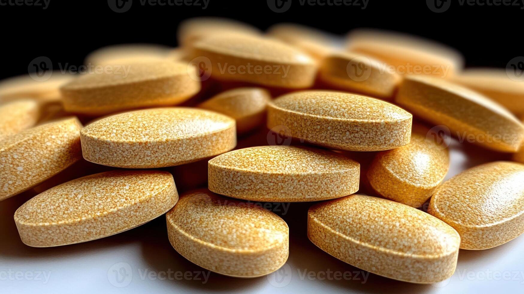 Vibrant golden tablets rest on a sleek surface, symbolizing vitality and health photo