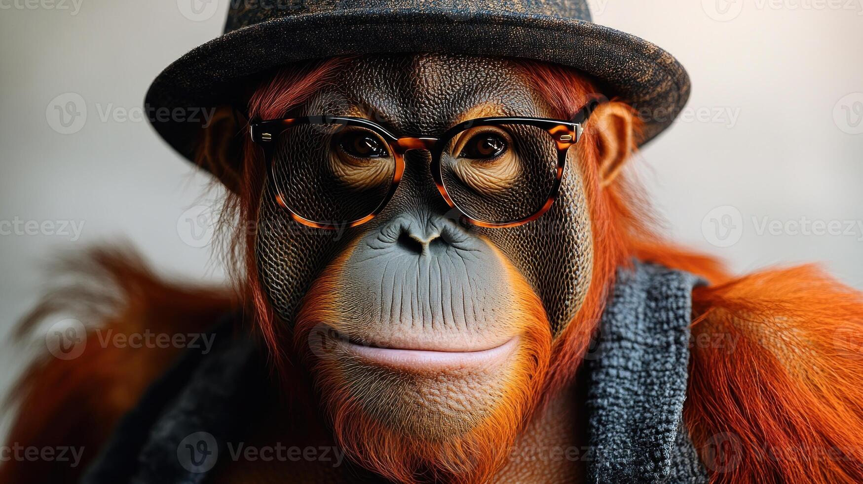 An orangutan with glasses and a hat displays a thoughtful expression, exuding personality photo