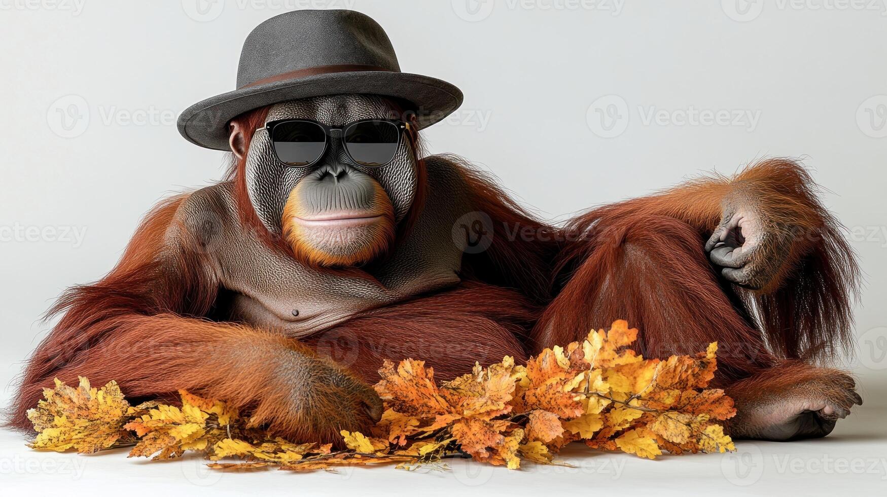 A leisure-loving orangutan lounges comfortably with fall foliage photo