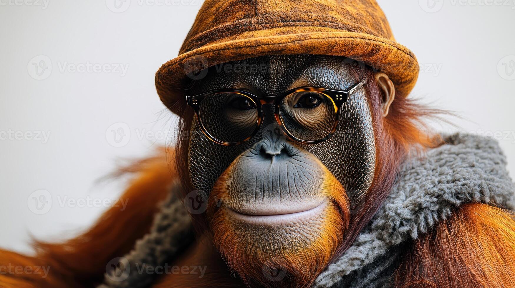 An orangutan wearing stylish glasses and a warm outfit showcases its charming personality photo