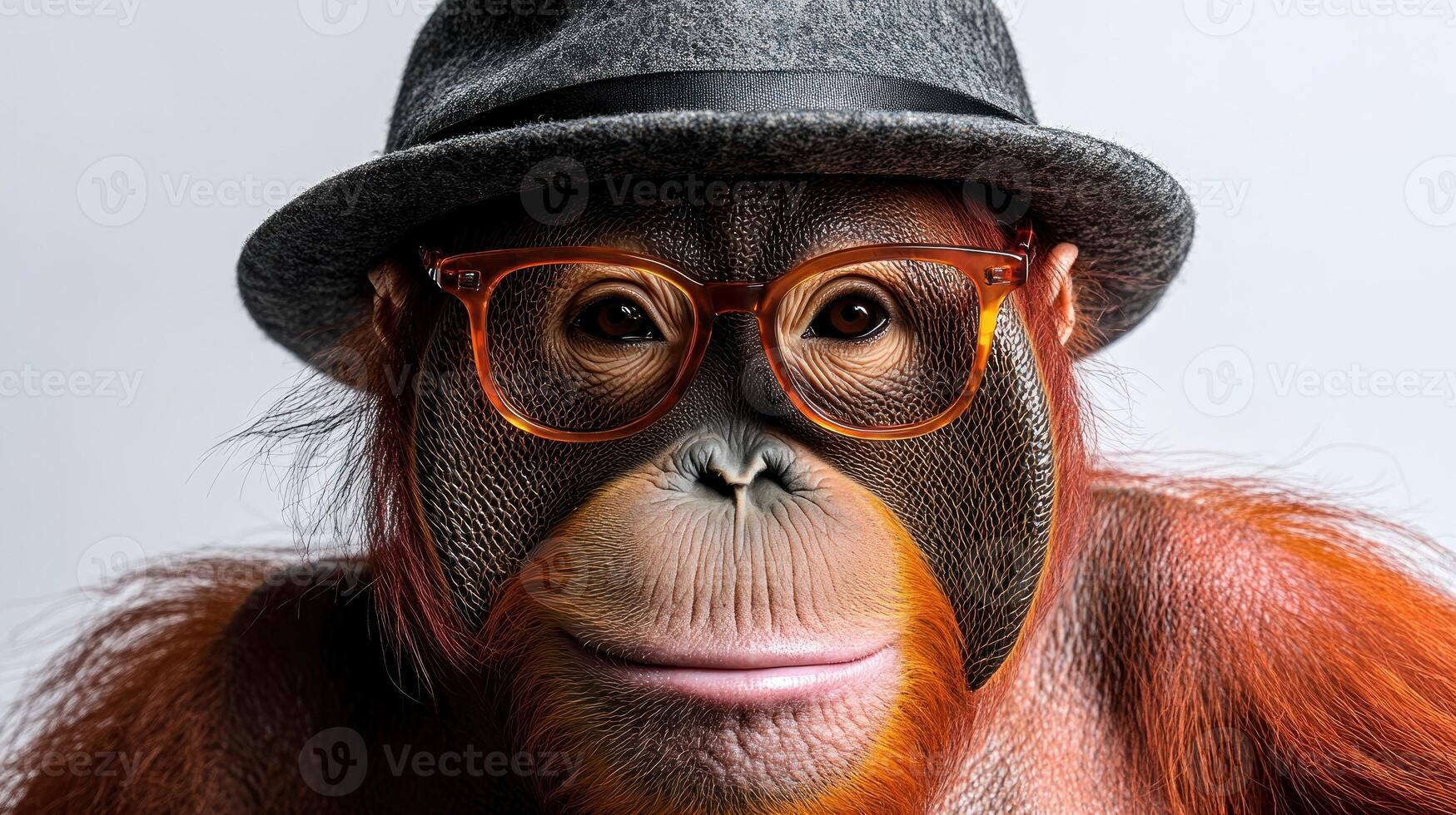 An orangutan dons fashionable glasses and a hat, exuding charisma and charm photo