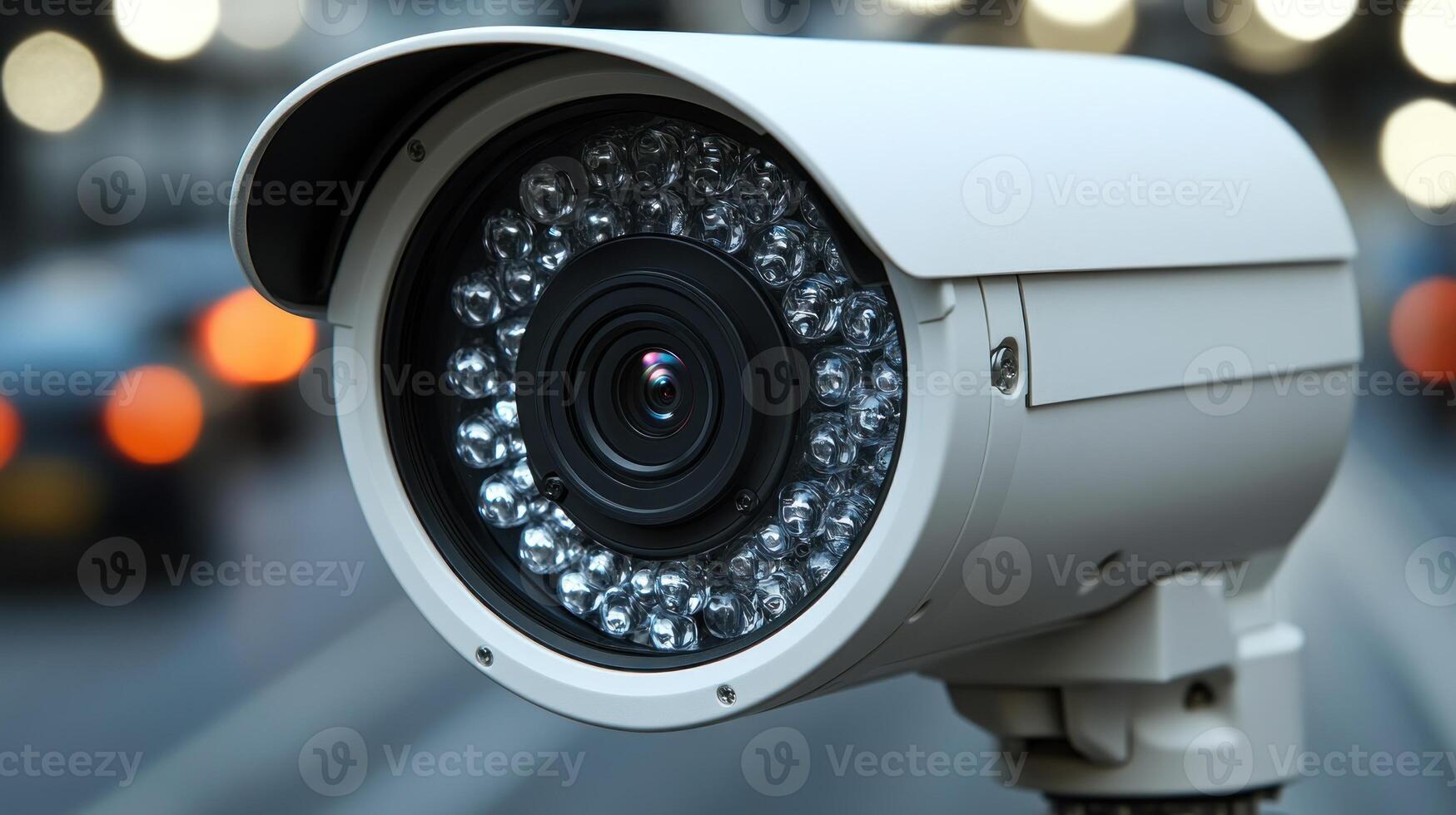 A surveillance camera is positioned above a busy street, capturing urban life at twilight photo