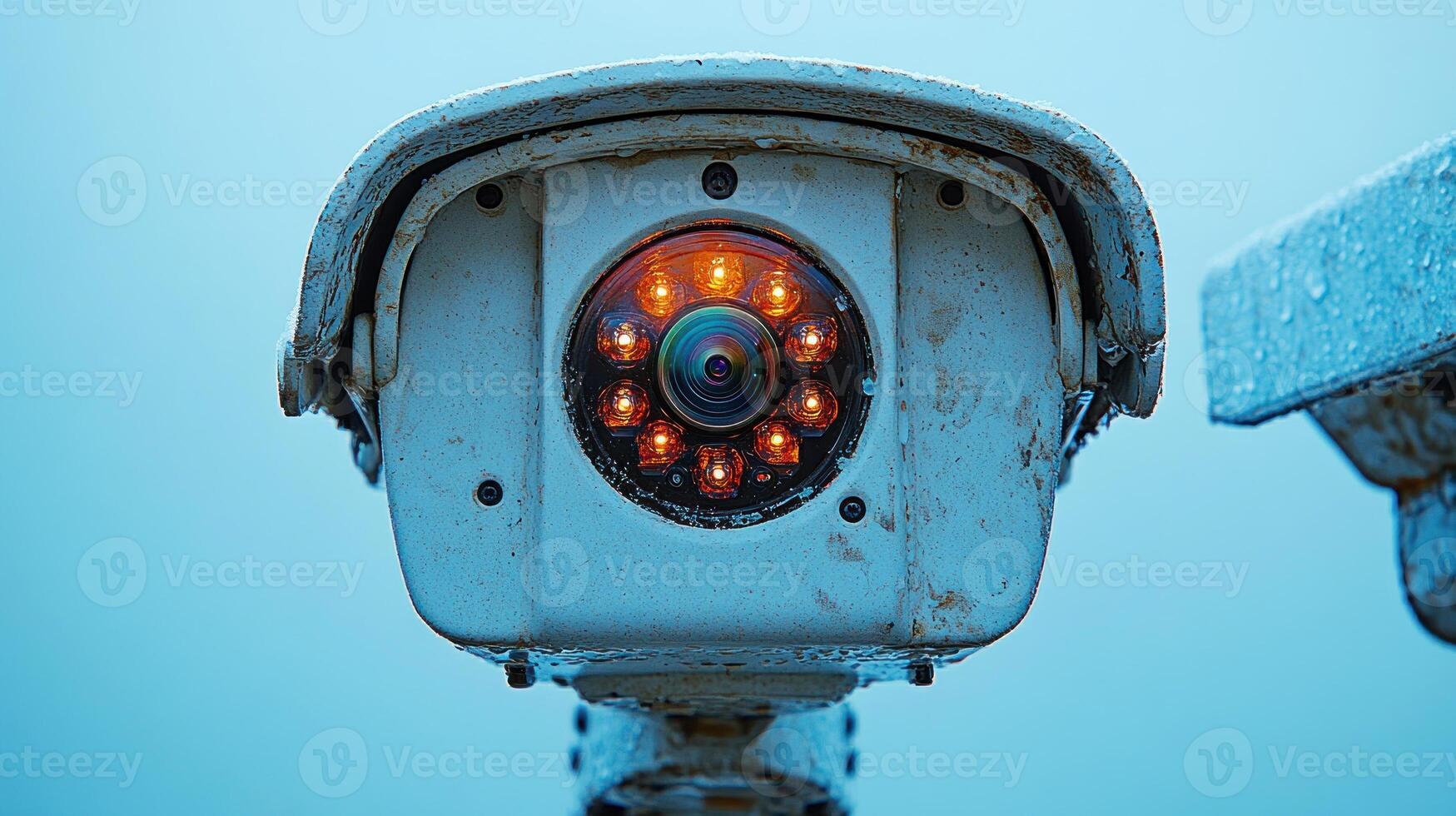 An illuminated camera monitors the area, enhancing urban life and security photo