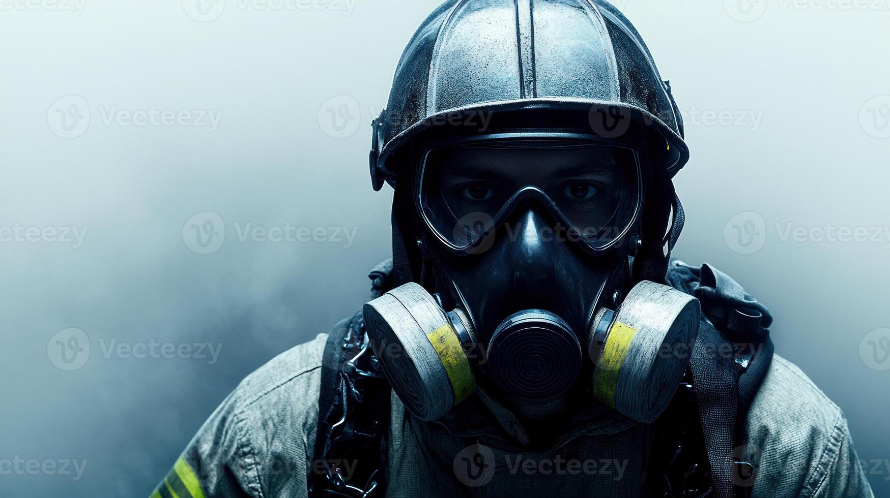 A firefighter dons a gas mask, ready for action in swirling smoke photo