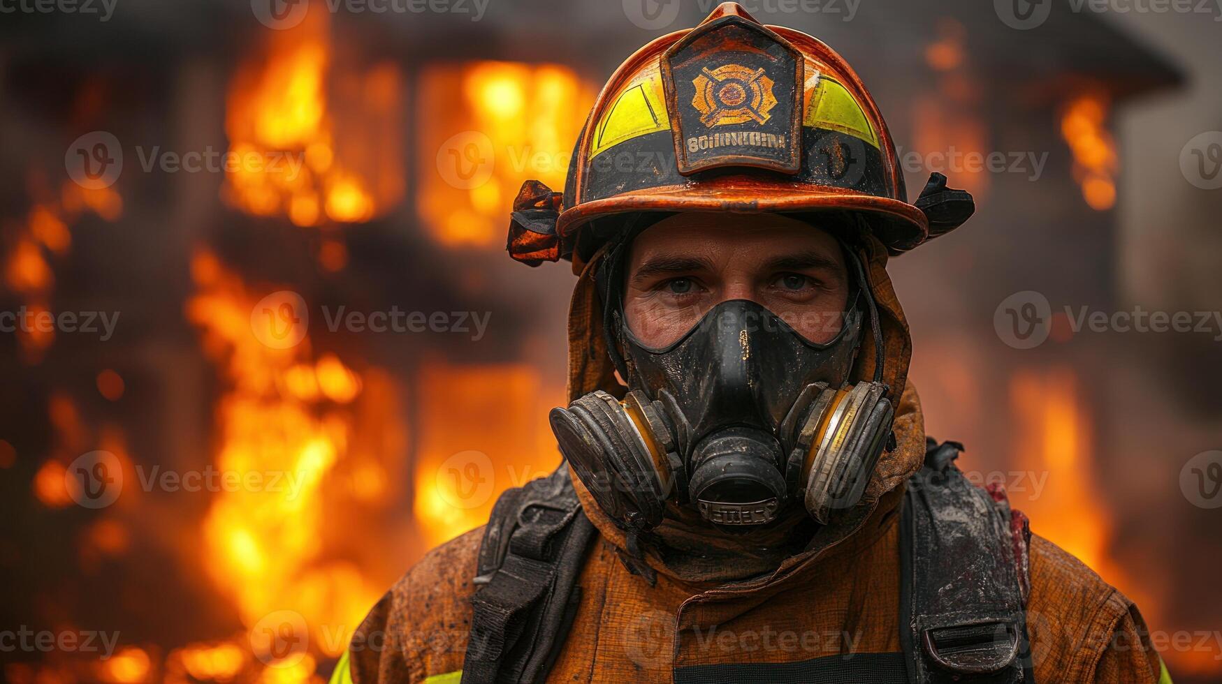 The firefighter takes a stand against intense flames while protecting the community photo