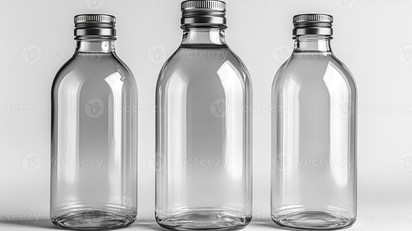 Three clear glass bottles stand side by side, highlighting their simplicity and elegance photo