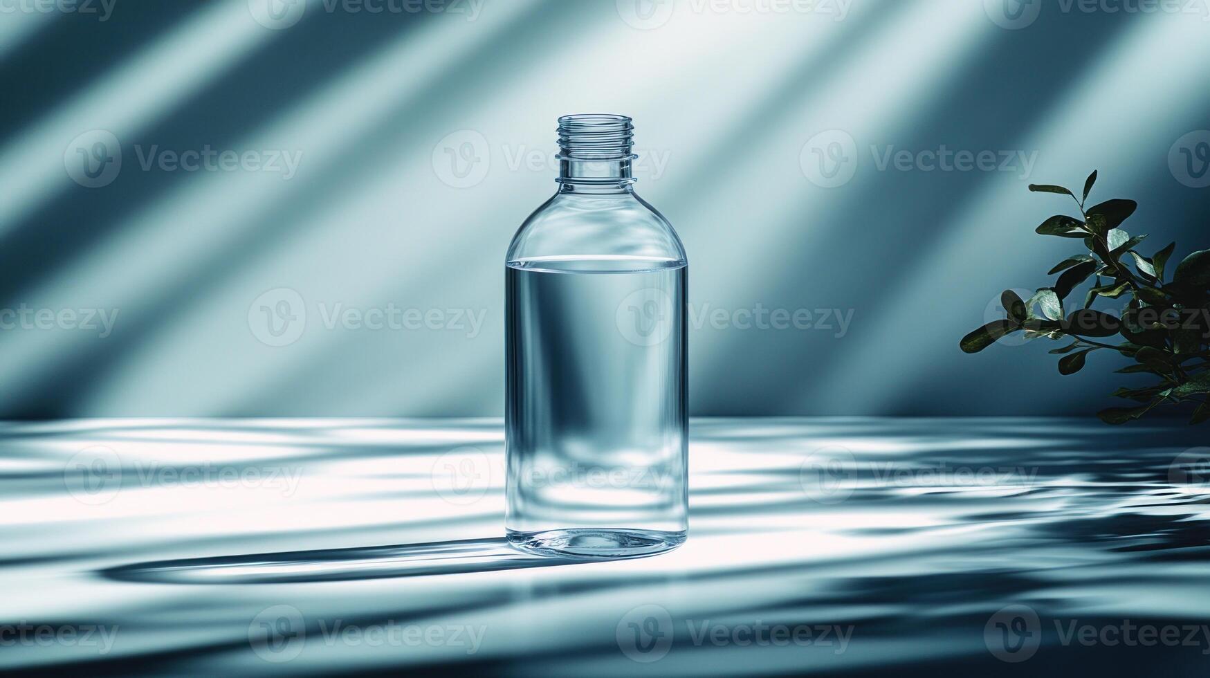 The water-filled glass bottle glistens in gentle light, creating a calm atmosphere photo